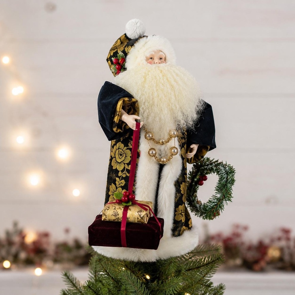 Vintage Victorian Santa Tree Topper Porcelain Face Black Gold Christmas 16"